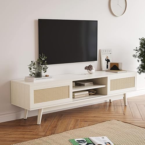 Soporte de TV de madera para dormitorio, de 65 pulgadas, mesa de centro de entretenimiento de madera bohemia única para sala de estar, soporte de