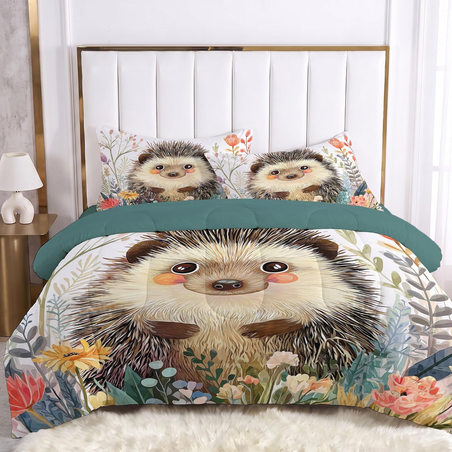 Cute Animals Comforter Set Queen Size, Hedgehog Wildflower Bedding Set for Girls Boys, Light Brown Quilt Bed 90"X90" Bedding Comforter Sets with 2 Pillowcase Room Decor