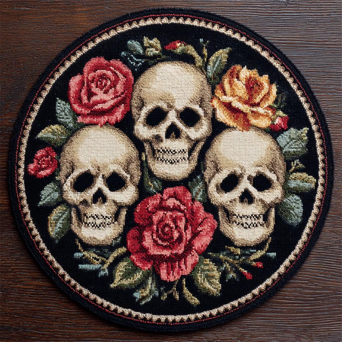 Rqwybcaxn DIY Latch Hook Rug Kit for the Elderly Crochet Starter Kit Skull and Rose 100x100cm Round Tapestry with Crochet Hook Hallway Craft Gift
