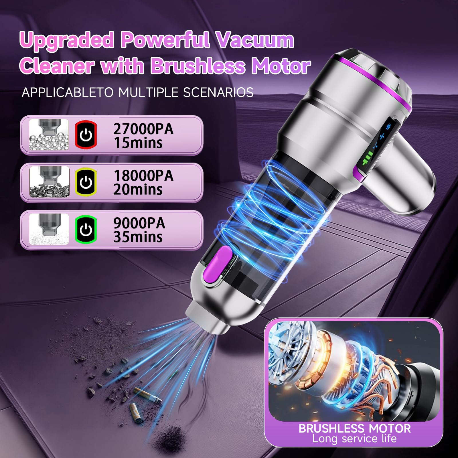Aspirateur à Main Rechargeable, aspirateur Voiture Puissant | Aspirateur portable pour nettoyer voiture, bureau et poils d'animaux, livré avec étui rigide et tuyau flexible rallonge