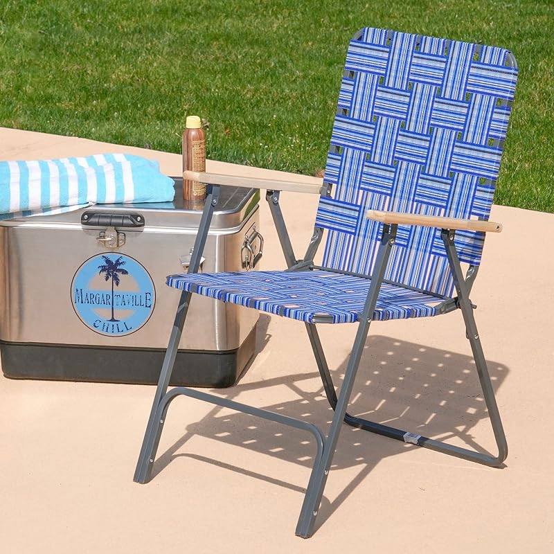 Garden Elements Folding Patio & Lawn Chairs – Steel Frame with Blue Woven Fabric and Wooden Armrests, Comfortable Full-Size Outdoor Chairs for Backyard, Camping, or Events (Pack of 2) image 2