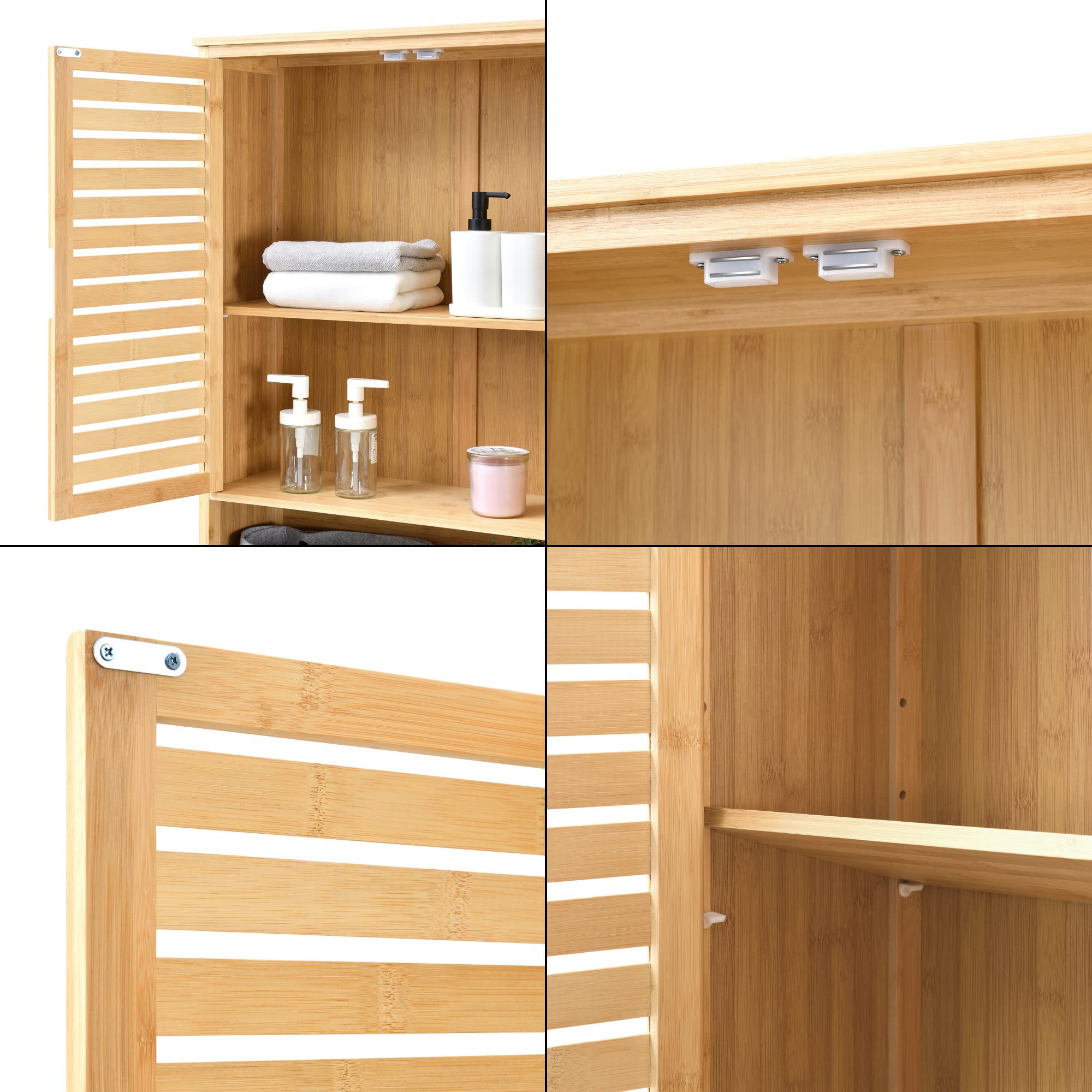 [en.casa] Mueble de Baño sobre el Inodoro con Amplio Espacio de Almacenaje Armario Alto con 2 Puertas y Compartimiento Abierto Bambú 170 x 66 x 23 cm Natural