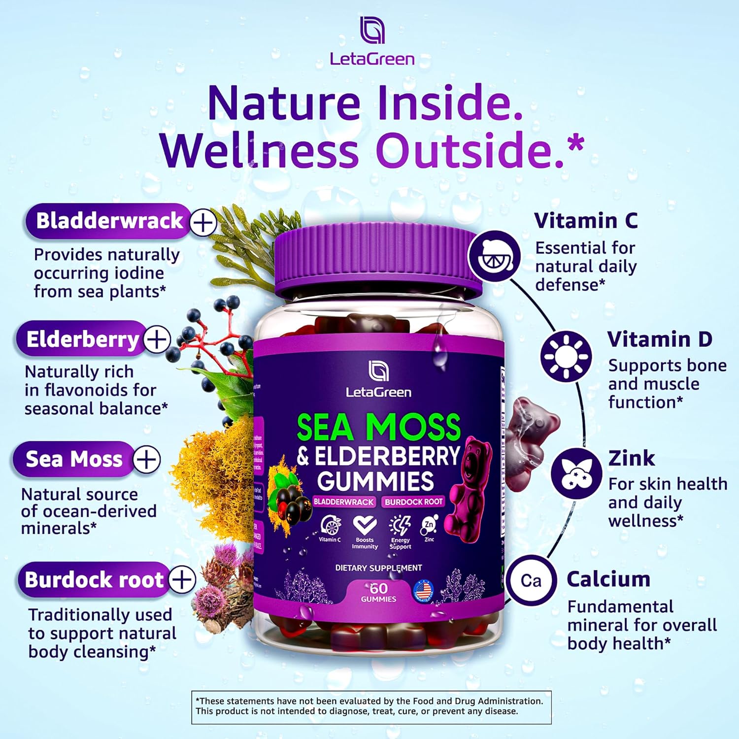Irish Sea Moss Gummies – Bladderwrack Burdock Root Elderberry Vitamin C & Zinc – 60 Vegan Seamoss Gummy Bears for Adults Kids Men Women – Multimineral Elderberry Vitamins