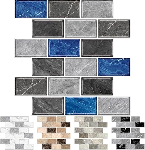 URCOLOR 10 hojas para despegar y pegar para pared de cocina, salpicaduras traseras de 12 x 12 pulgadas para baño, aspecto de mármol gris y azul