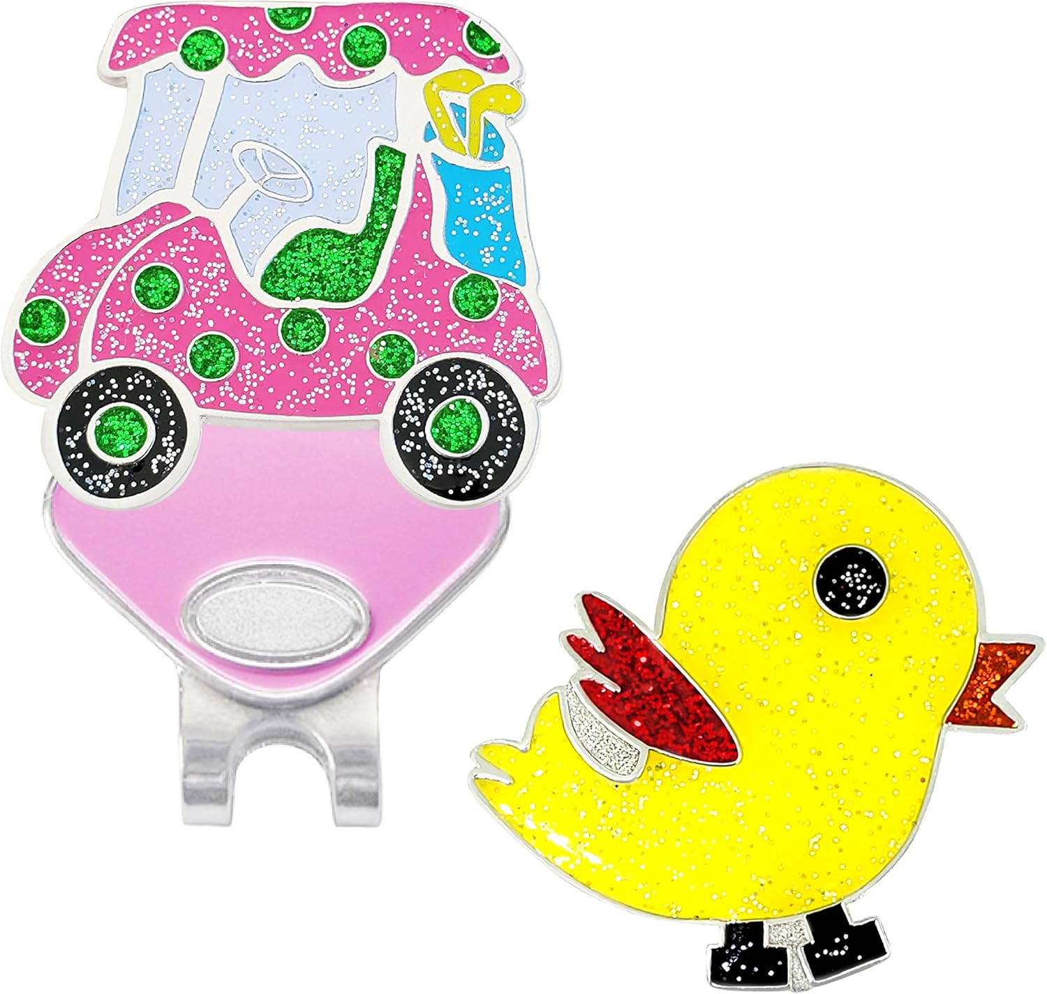 NAVIKA Sparkly Pink Golf Cart and Birdie Golf Ball Marker Combo with One Magnetic Hat Clip | Chick/Bird Themed Golfing Accessory | Pink Golf Cart with Glitter | Gift for Girls and Women
