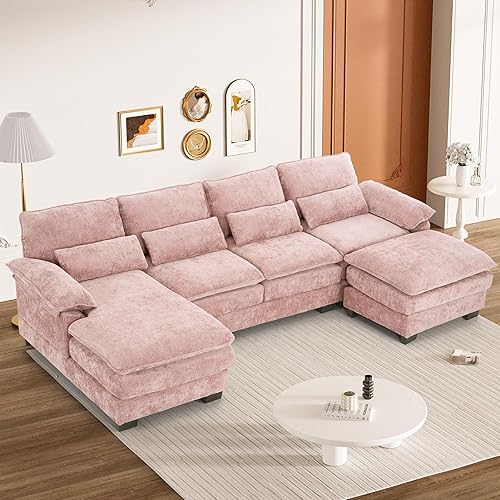 114" U Shaped Cloud Couch Sectional Modular Sofa Sectional Couches for Living Room Modern Comfy Chenille Modular L Shaped Sofa Set with Chaise Lounge, Ottoman, Pink