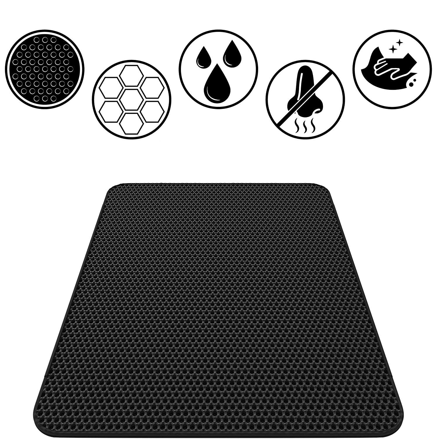 PetCuddle Katzenklo Matte – Hygienischer Unterleger Mit Wabendesign (75x58 Cm, Schwarz) Inkl. Gratis Spielzeug