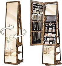 Hzuaneri 16 LEDs Jewelry Cabinet Armoire, Standing Jewelry Organizer with 360° Rotating Base, Lockable Full-Length Mirror, 5-Tier Storage Shelves, 4-in-1 Design, 61.5" H, Toasted Oak JC15901B