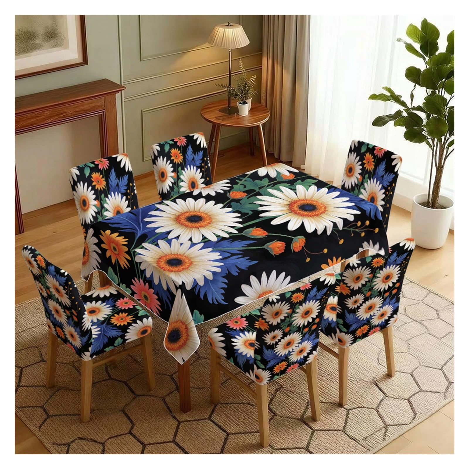 KXUAUV Black Base Daisy Floral Print Stretch Chair Covers & Tablecloth Set, For Kitchen Dining Room Party Boho Decor, 5/7 Pack Party Decor(7pcs Set: Tablecloth+Chair Covers)
