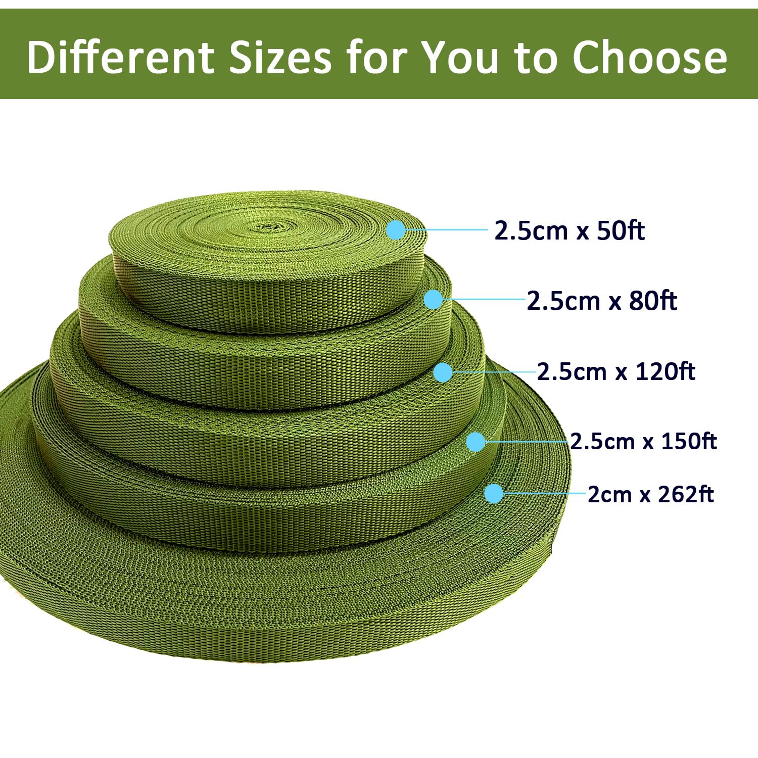 Correa de sujeción para árbol de 150 pies, 2,5 cm, material verde para estacar y tensar, corbata de jardín, cuerda verde para uso en exteriores, suministros de enderezamiento