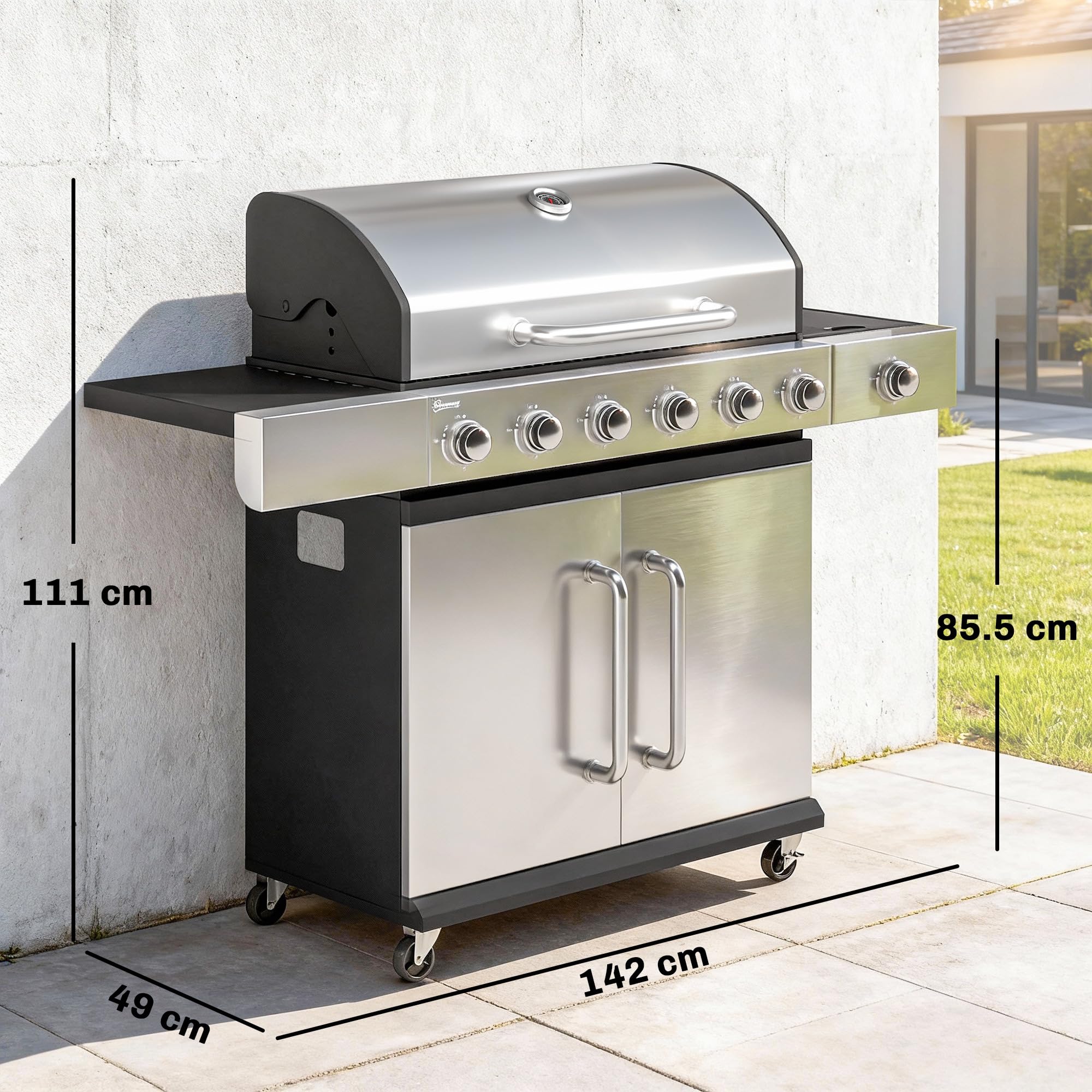 Outsunny Barbecue a Gas con 6+1 Bruciatori da 18.6 KW, BBQ a Gas Propano Portatile con Griglia, Ripiani, Coperchio, Termometro, Ruote, per Giardino Esterno, Nero Argento