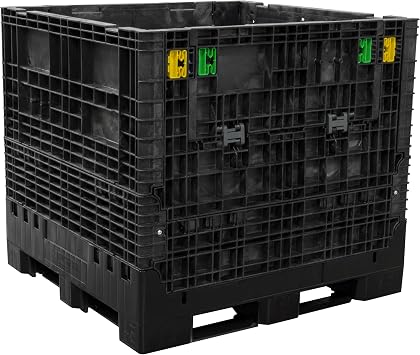 Buckhorn 48" x 45" x 41" Collapsible Bulk Box Container, Extra-Duty Plastic Stacking Gaylord Box with 4-Way Forklift Access and 2 Drop Doors, 1700 lb Capacity Storage Tote, Black BR48454120