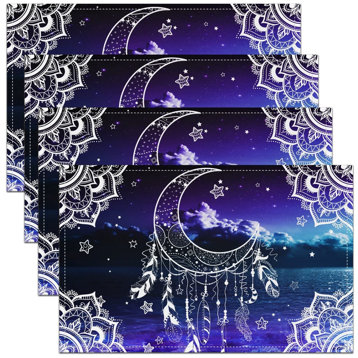 Richhome Color 12 Abstract Moon 12X18 Inch Placemats For Dining Table Tribal Flower Dreamcatcher Simple Sketch Table Place Mat For Party Outdoor Decoration Ombre Blue Purple Sky Washable Mats Set Of4