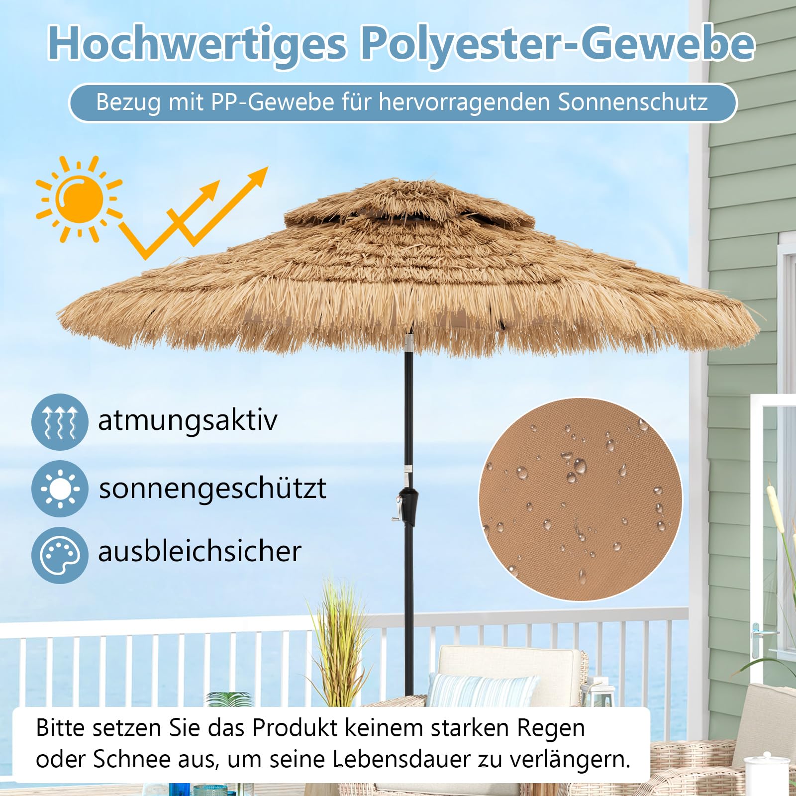 COSTWAY Sonnenschirm Hawaii 300 cm, Strohschirm mit LED-Solar-Beleuchtung und Doppeldach, Gartenschirm Stroh, Strandschirm neigbar, Marktschirm, Terrassenschirm für Garten, Balkon, Terrasse