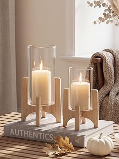 NUPTIO Hurricane Glass Candle Holders with Wood Stands, Set of 2