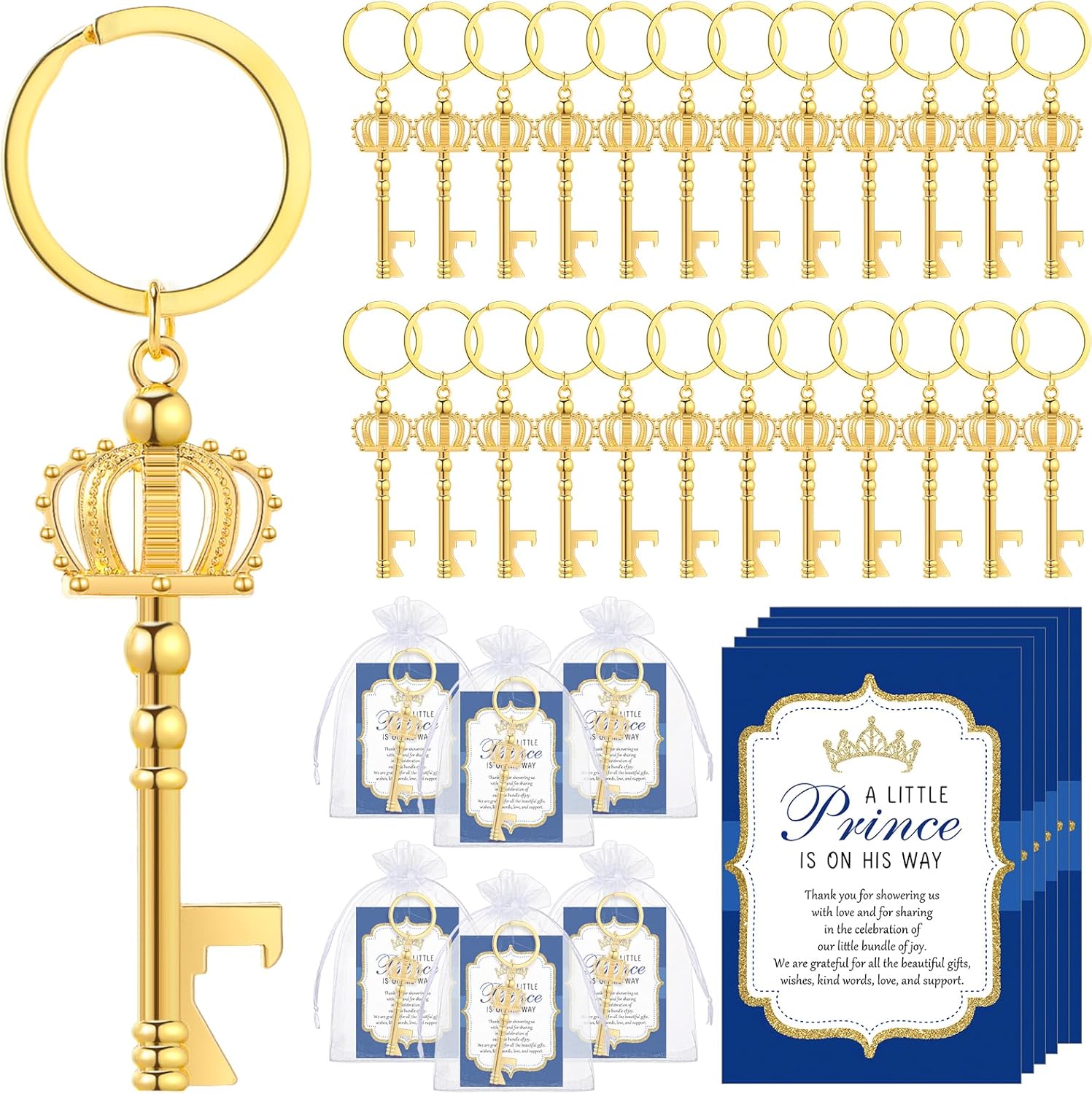 Ferreve 50 Sets Baby Shower Bottle Opener Favors Included Bottle Opener Keychain Crown Charms Keychain Thank You Cards Organza Bags Baby Shower Return Gifts for Guests (Classic)
