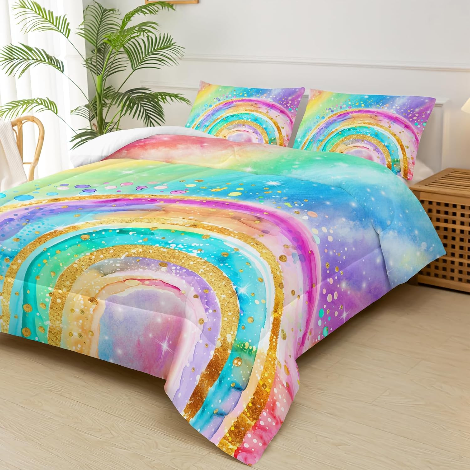 Cute Rainbow King Comforter Set for Girls，Pastel Tie Dye Rainbow King Bedding Set Kids，Galaxy Kids Bed Comforter Sets