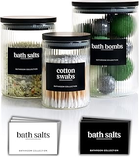 3x Ribbed Glass Bathroom Jars with Airtight Black Bamboo Lids | Cotton Pad/Buds/Q tip Holder | Bath Salt/Small Makeup/Apothecary Storage Canister- 10, 20 & 40 fl.oz