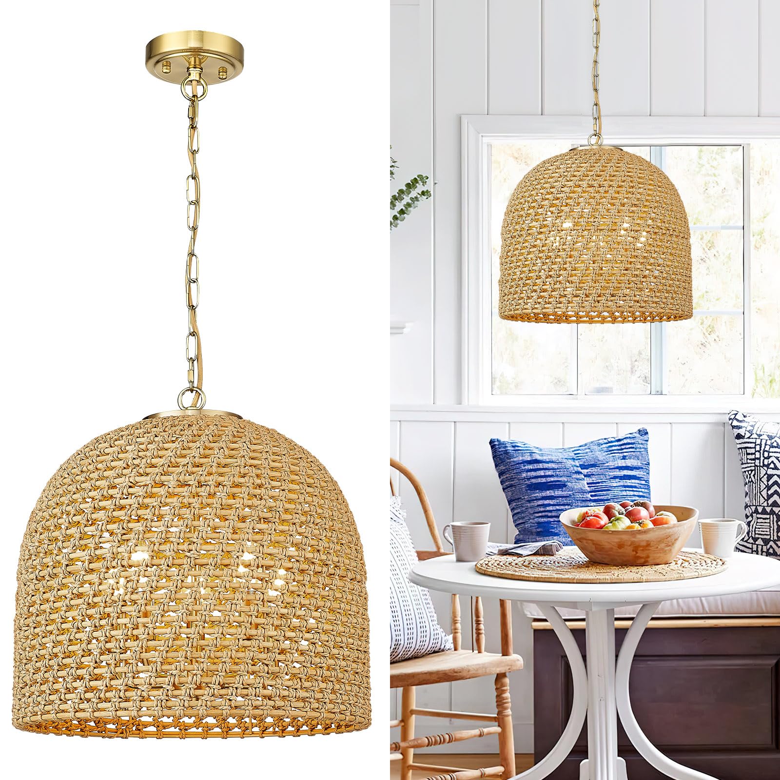 zeyu 16 Inch Gold Boho Chandelier for Bedroom Dining Room, 5-Light Rattan Wicker Pendant Light in Gold Finish, ZG97MIL BG