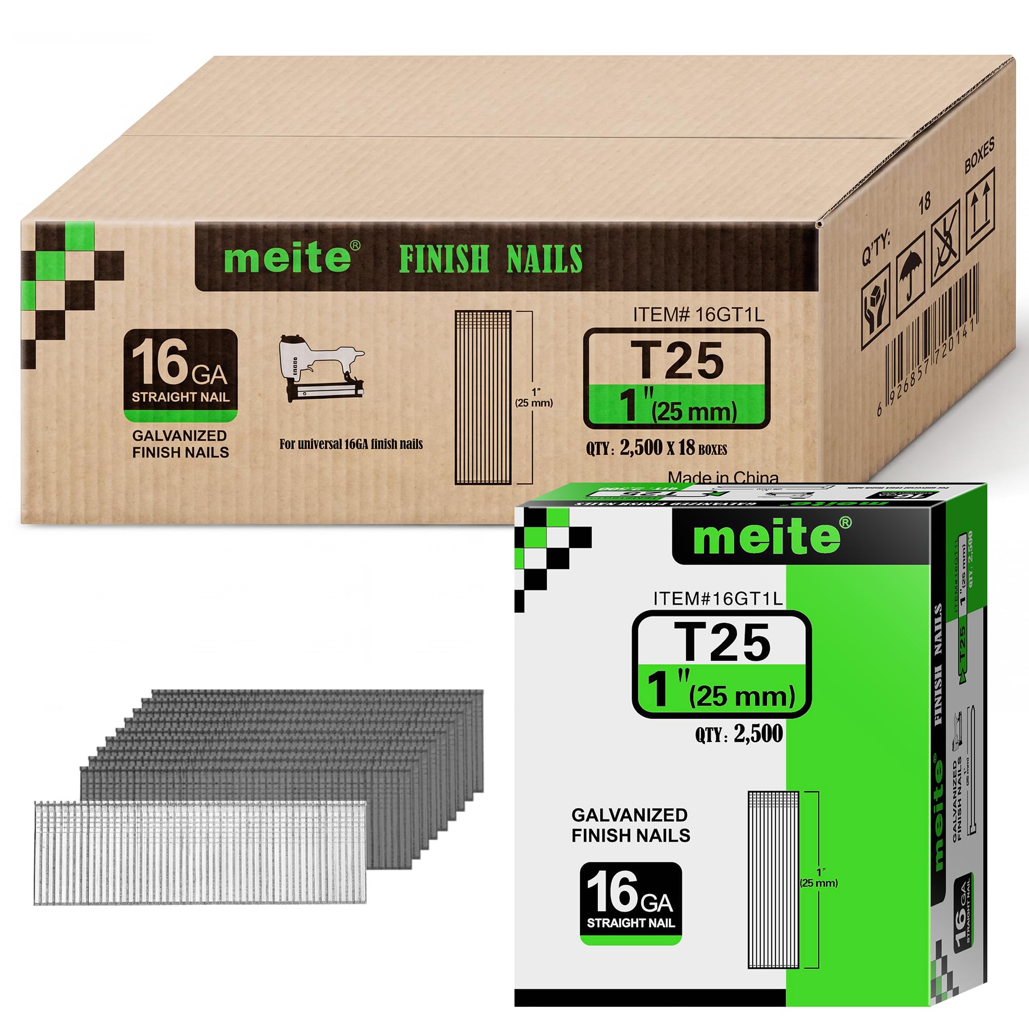 meite 16 Gauge Finish Nails 1 Inch Galvanized Straight T-Nails 45,000PCS