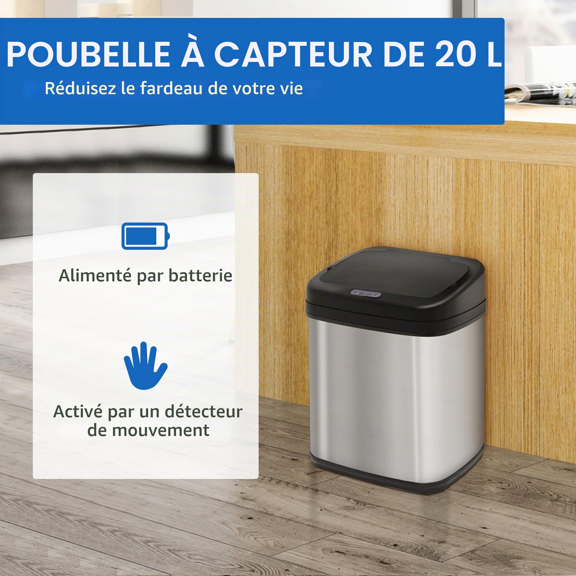 HOMCOM 20L Poubelle à Capteur Automatique Acier Inox 33x25x42,5cm