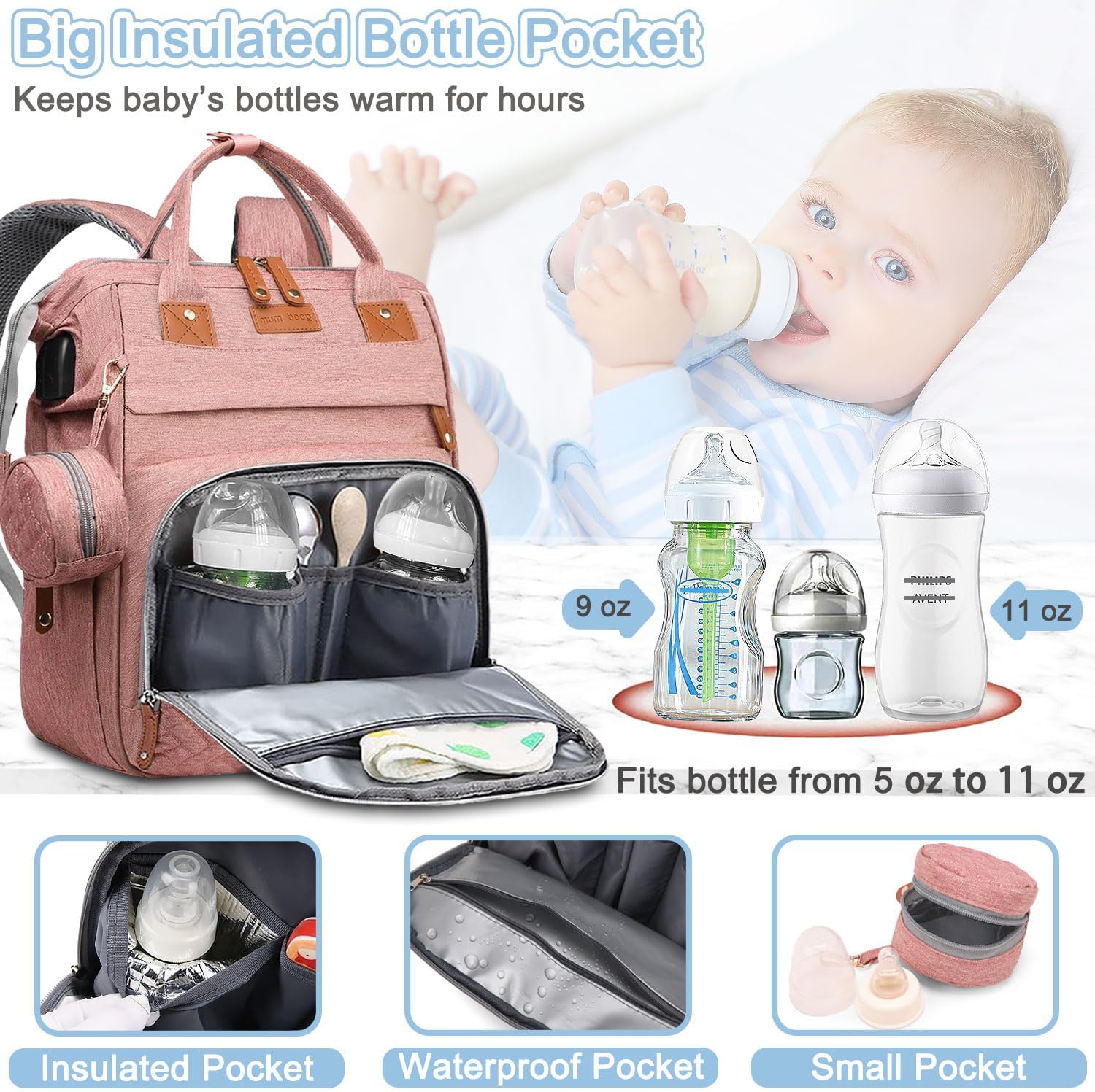 SHITIESHOU Diaper Bag Backpack Baby Bag for Mom Dad with Changing Pad, 19 Pockets, Large Waterproof Travel Baby Girl Boy Toddle Diaper Bag with Insulated Pocket, Baby Shower Gifts, Pink