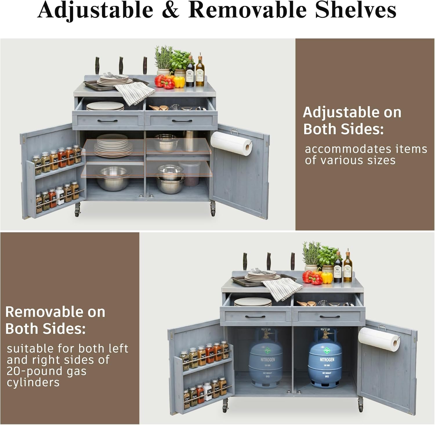 Amposei Outdoor Grill Table Bar Cart with Stainless Steel Top, 39.4’’ Wood Kitchen Island Storage Cabinet BBQ Prep Station on Wheels with Drawer, Adjustable Shelves, Grey Blue