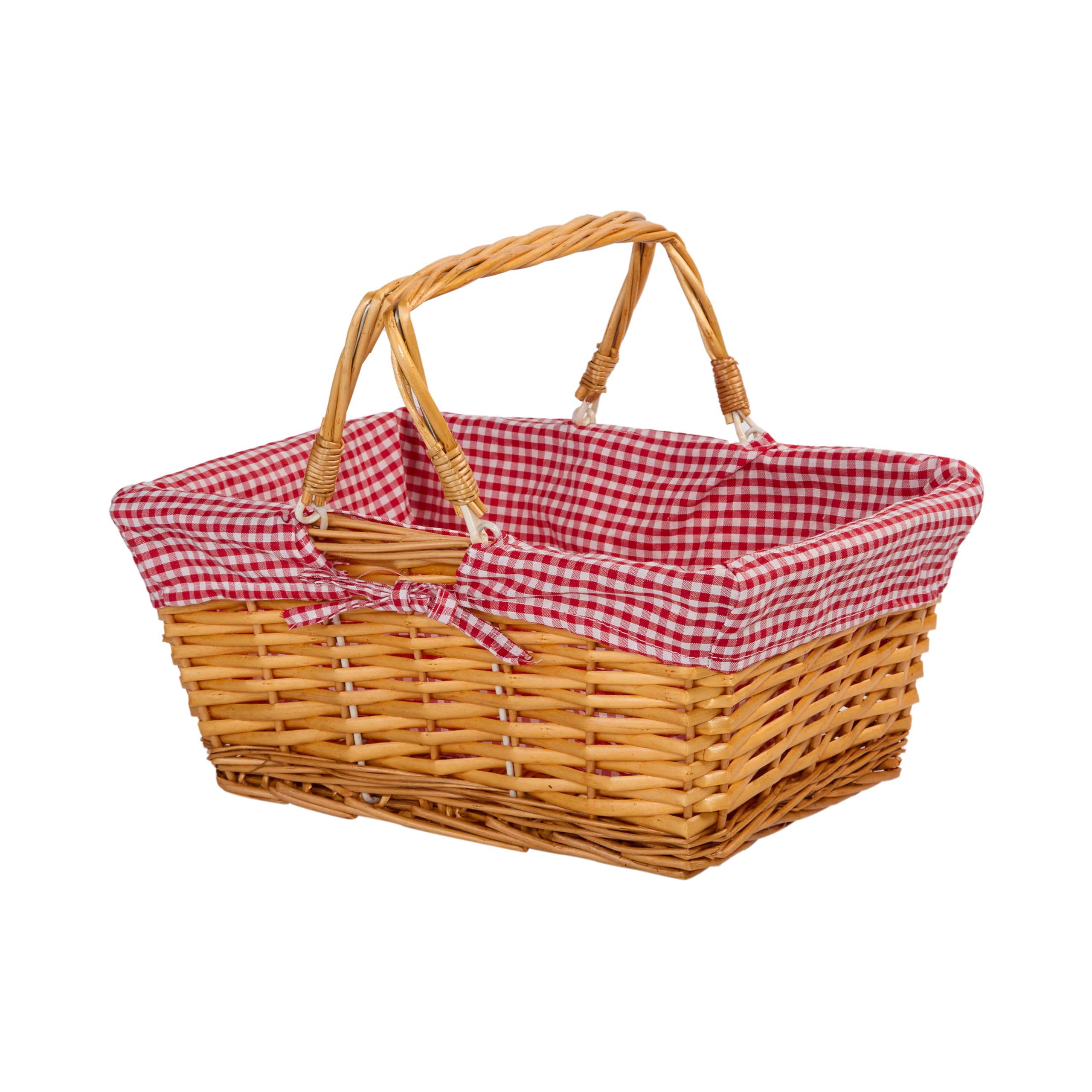 Wickerfield Girls Honey Wicker Basket With Red Gingham Liner And Foldable Handles - Gift Hamper, Shopping, Wedding Flower Home Storage Decoration (Honey)