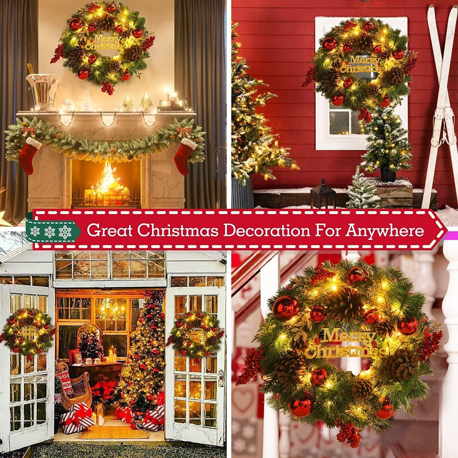 Avoalre 40cm Ghirlanda Natalizia con Luci LED Ghirlanda Natale a Batteria con Timer 8 Modalità Ghirlanda Natalizia per Porta Scale Camino Murale Finestre Interno Esterno Natale Decorazione