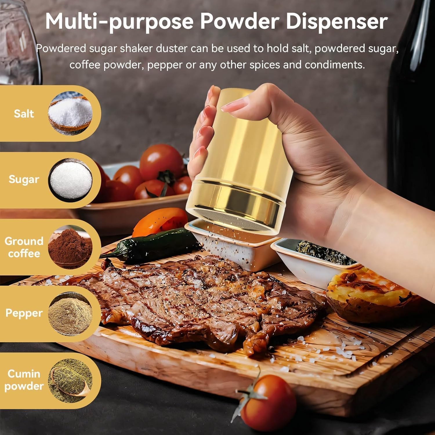 Powder Shaker Shakers Powdered Sugar Shaker Duster Stainless Steel Gold Fine Mesh Powder Cinnamon Sugar Shaker for Kitchen