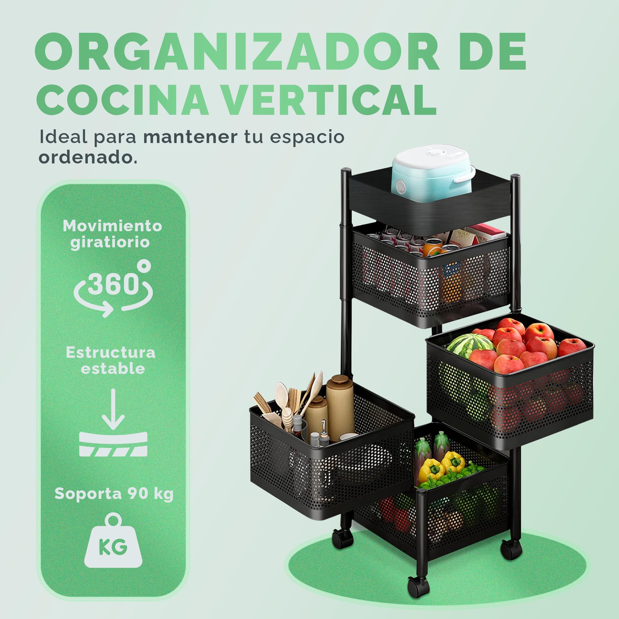 JUPPLIES Carrito Auxiliar con Ruedas - Cesta de Almacenamiento Ahorra Espacio 4 Niveles - Carrito Cocina Giratorio - Estante Cocina, Baño, Estante para Frutas, Verduras, Utensilios-Metalico (Negro V2)