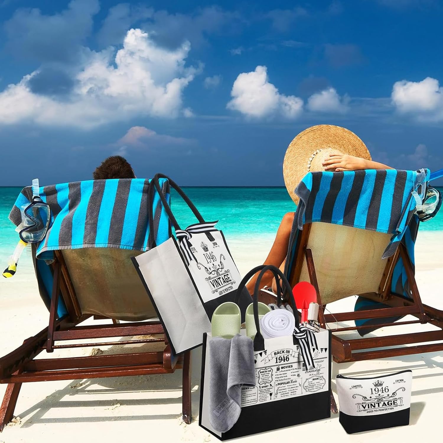 80th Birthday Gifts for Women–Vintage 1946 Canvas Tote Bag Set, 80th Birthday Gift for Mom Grandma Wife Sister, Meaningful 80 Year Old Woman Gift with Cosmetic Bag, Back in 1946 Poster,Greeting Card - Image 3