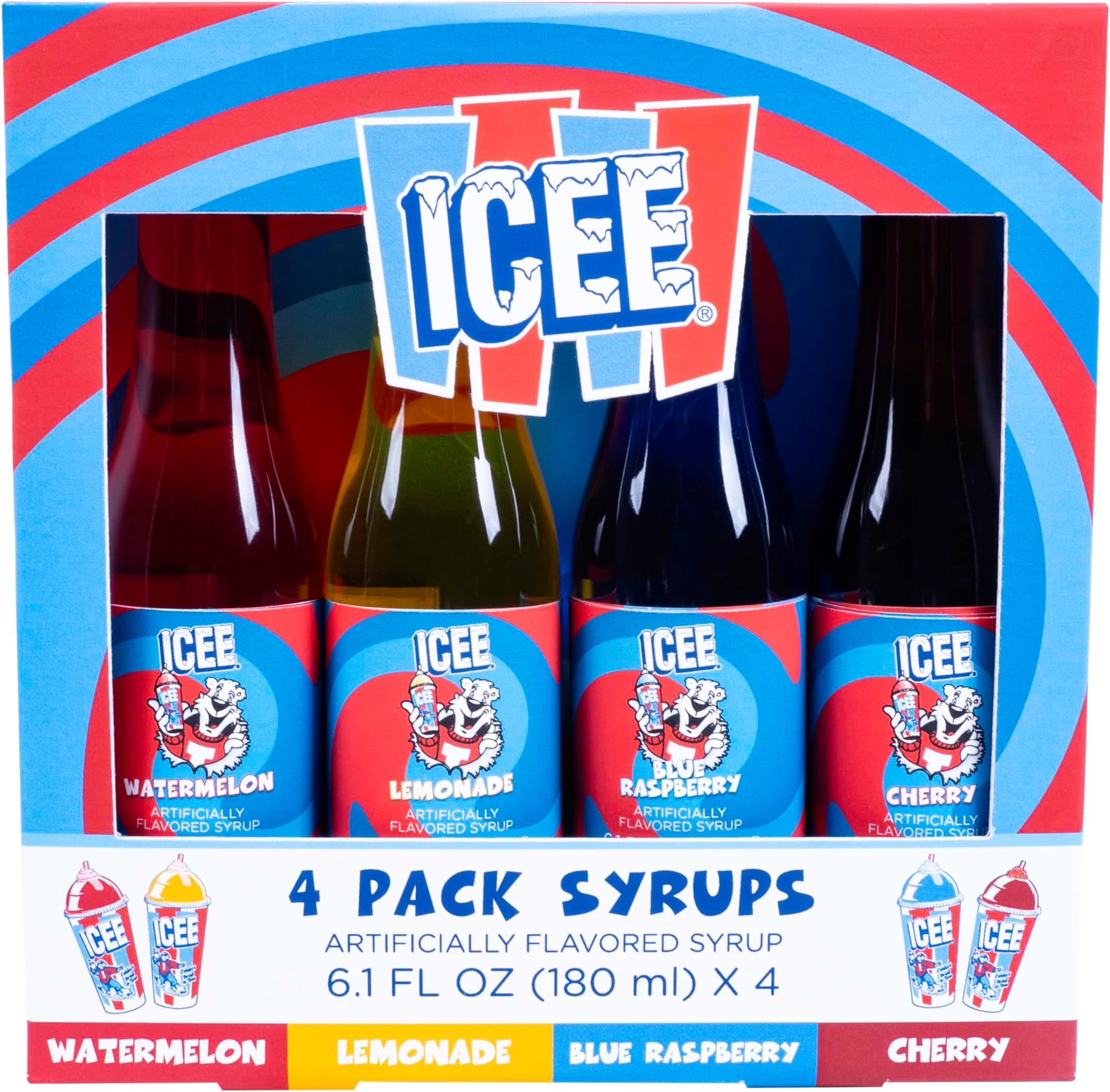 ICEE 4 Pack Slushie Syrups. Genuine ICEE Slushy syrups including Watermelon, Lemonade, Blue Raspberry & Cherry Flavors. 4 x 6.1floz. Officially Licensed ICEE Merchandise from Fizz Creations.