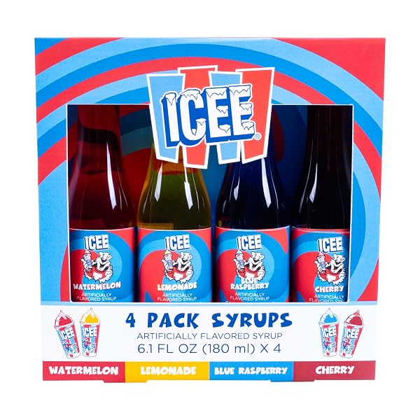 ICEE 4 Pack Slushie Syrups. Genuine ICEE Shaved Ice Snow Cone Syrup including Watermelon, Lemonade, Blue Raspberry & Che