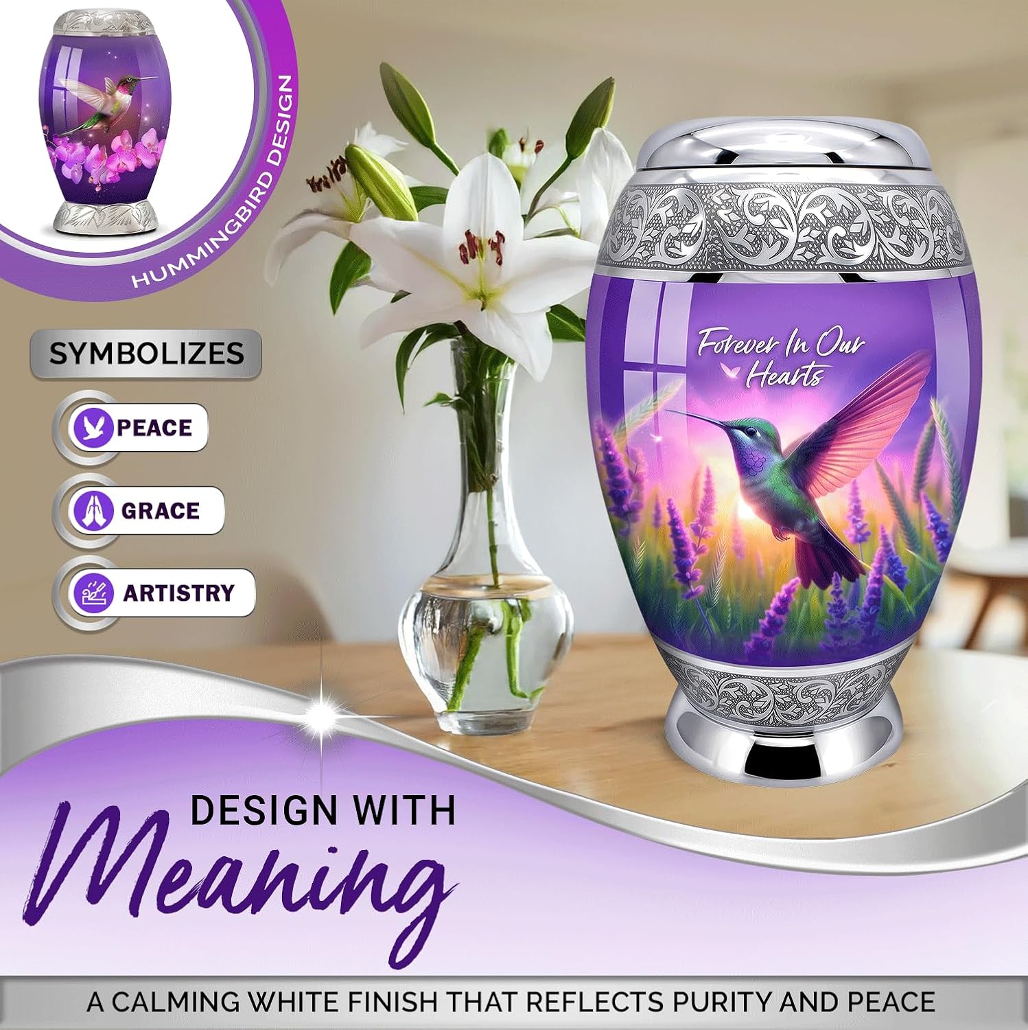 Urns for Human Ashes Adult - Hummingbird Print Urns Set of 6 - Purple | Hand-Engaved - Aluminum - Funeral Cremation Urns for Ashes for Family Sharing - Velvet Bags Included - For Male and Female