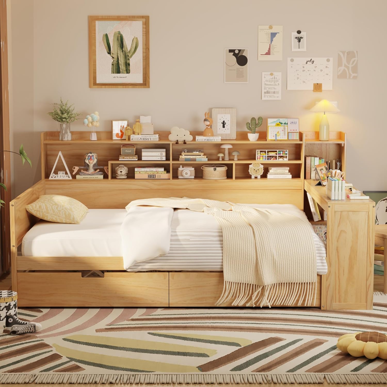 Full Size Daybed with Desk,Storage Drawers and Shelves, Pine Wood Captains Bed Frame with Bookcase and Headboard for Kids Boys Girls Teens, Natural