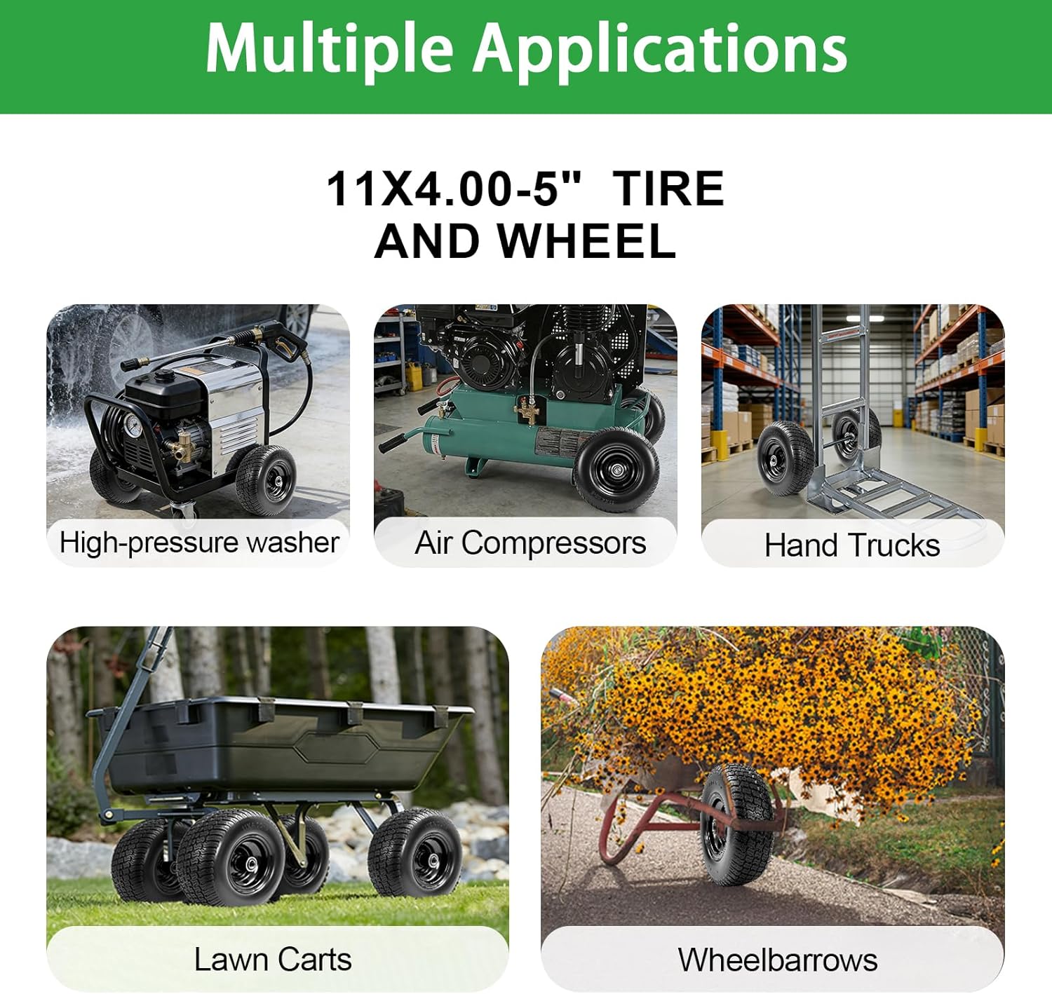 11x4.00-5 Flat Free Lawn Mower Tires and Wheel,Zero Turn Lawn Mower Replacement Tires,11x4-5 Solid Tractor Turf Tire with 3.4" Centered Hub, 3/4" & 5/8" & 1/2" Bushings (2-Pack)