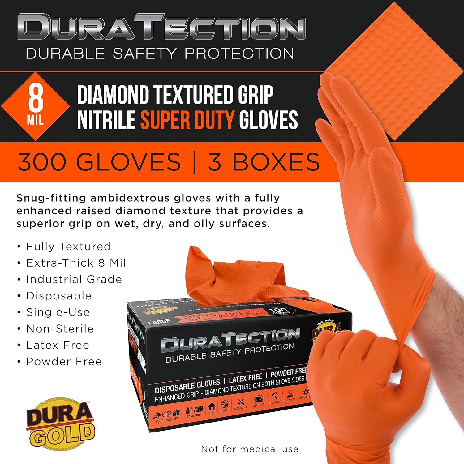 Dura-Gold Duratection 8 Mil Orange Super Duty Diamond Textured Nitrile Disposable Gloves, 3 Boxes of 100, Large - Latex Free, Powder Free, Food Safe, Safety Protection Work Gloves, Industrial - Image 2