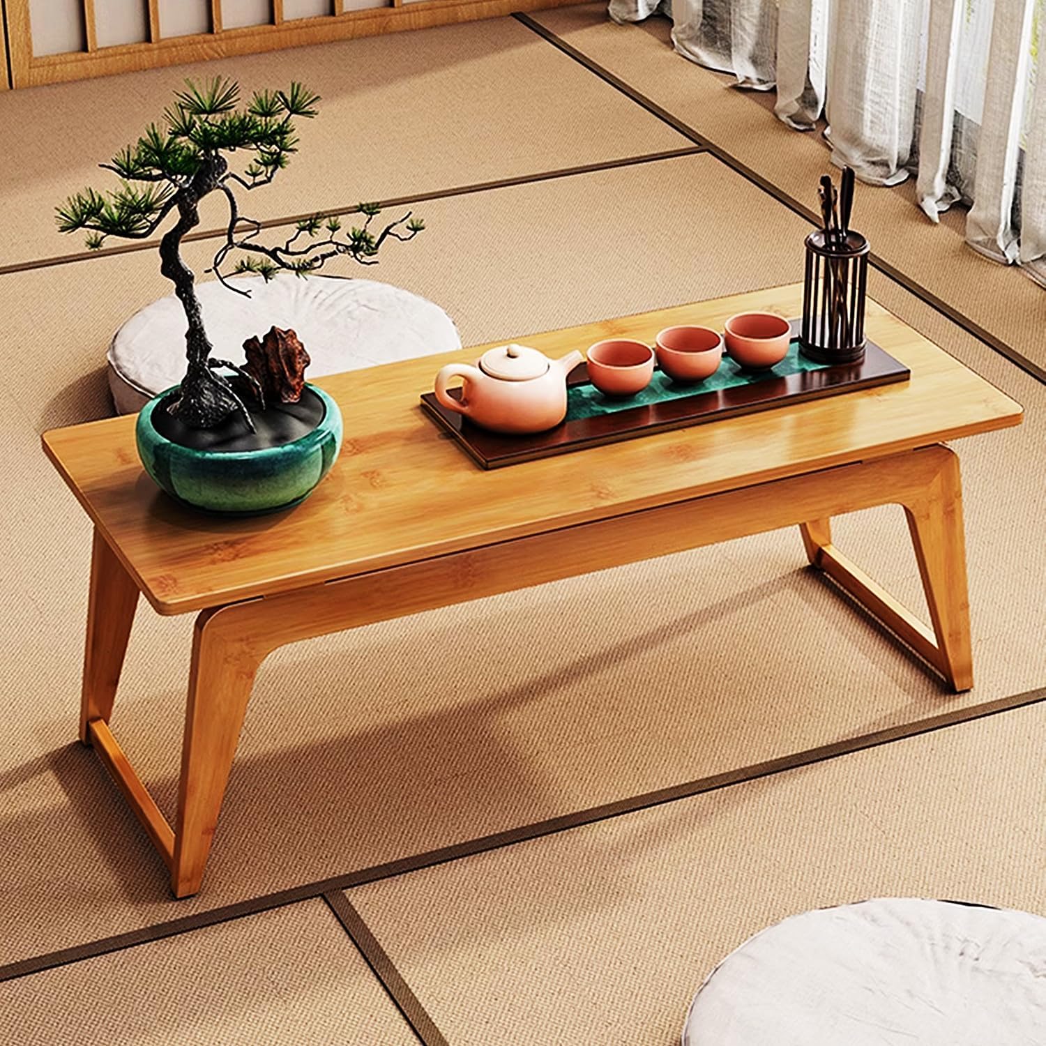 Multifunction Floor Table, Japanese Tatami Tea Table, Bamboo Coffee Table, Low Table for Floating Window Tea Room Balcony Living Room Outdoor,Walnut,80cm/31.5in,Walnut-70cm/27.5in