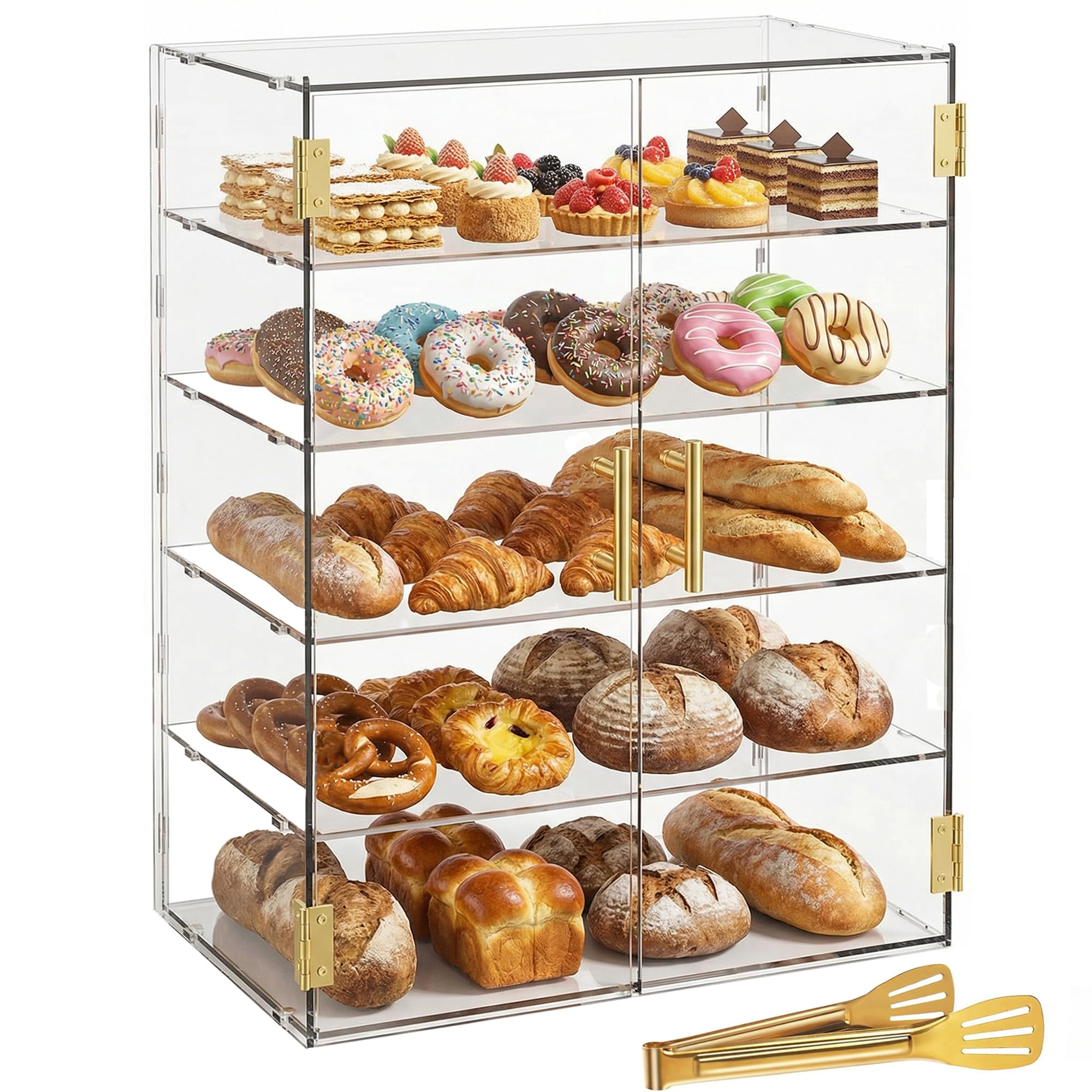 Cityjoy Transparent Countertop Bakery Display Case With Elastic Auto-Door, Acrylic Pastry Display Case Food Display Cabinet Box For Bread Dessert Cookie Baking (5-Tiers)