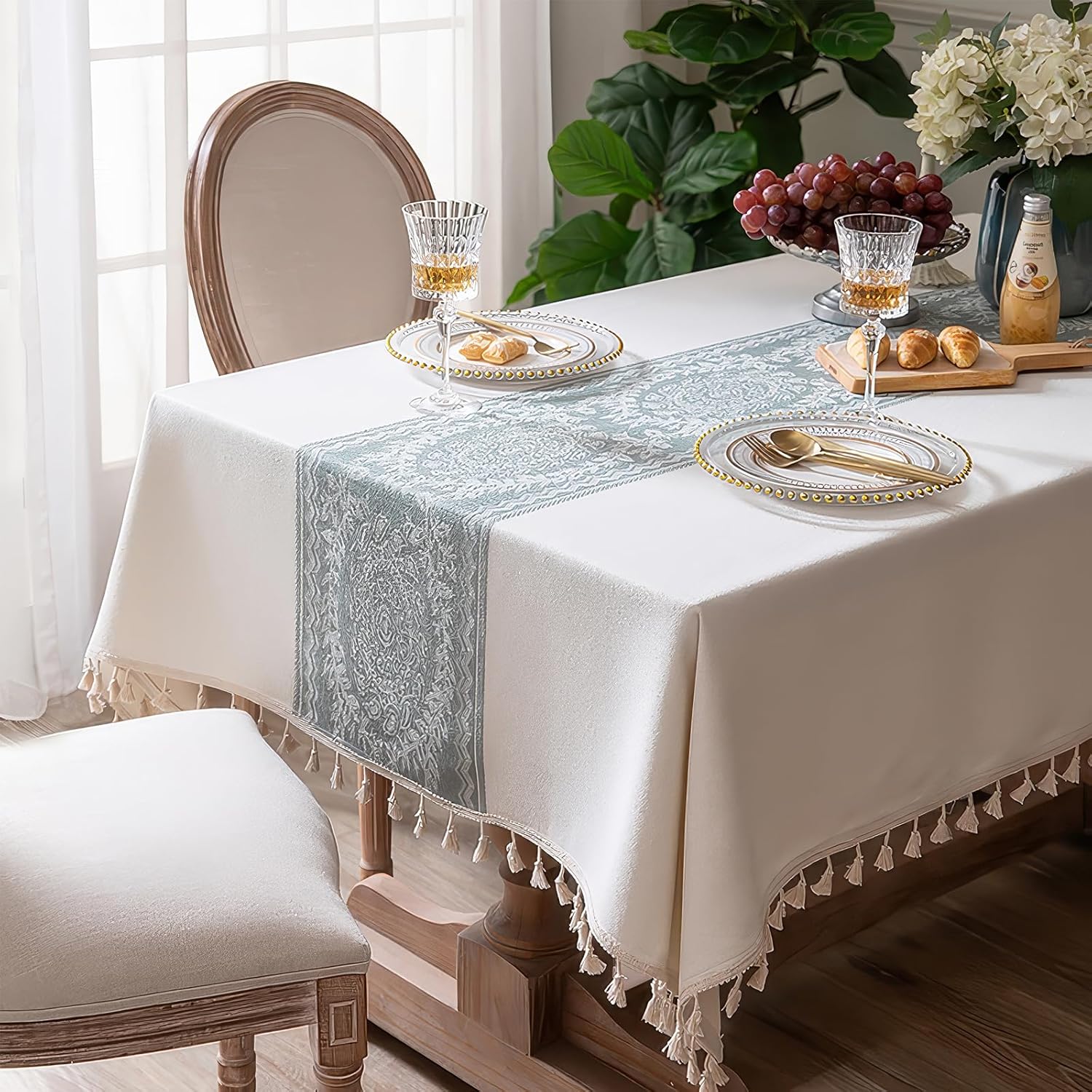 Luxury Cotton Linen Table Cloth Rectangular 55×70 inches, Farmhouse Blue Floral …