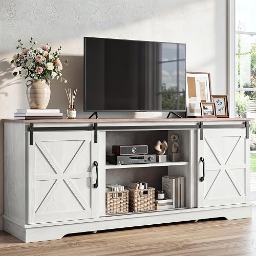 YITAHOME Farmhouse TV Stand for 65", Entertainment Center, White/Grey Wash