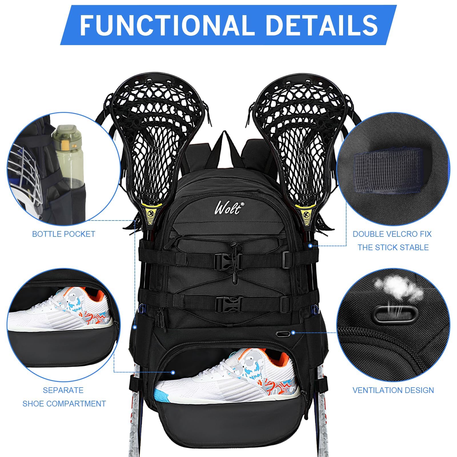 WOLT Lacrosse Bag Lacrosse Rucksack mit Zwei Schlägerhaltern, große Feldhockey-Tasche für alle Sportausrüstungen