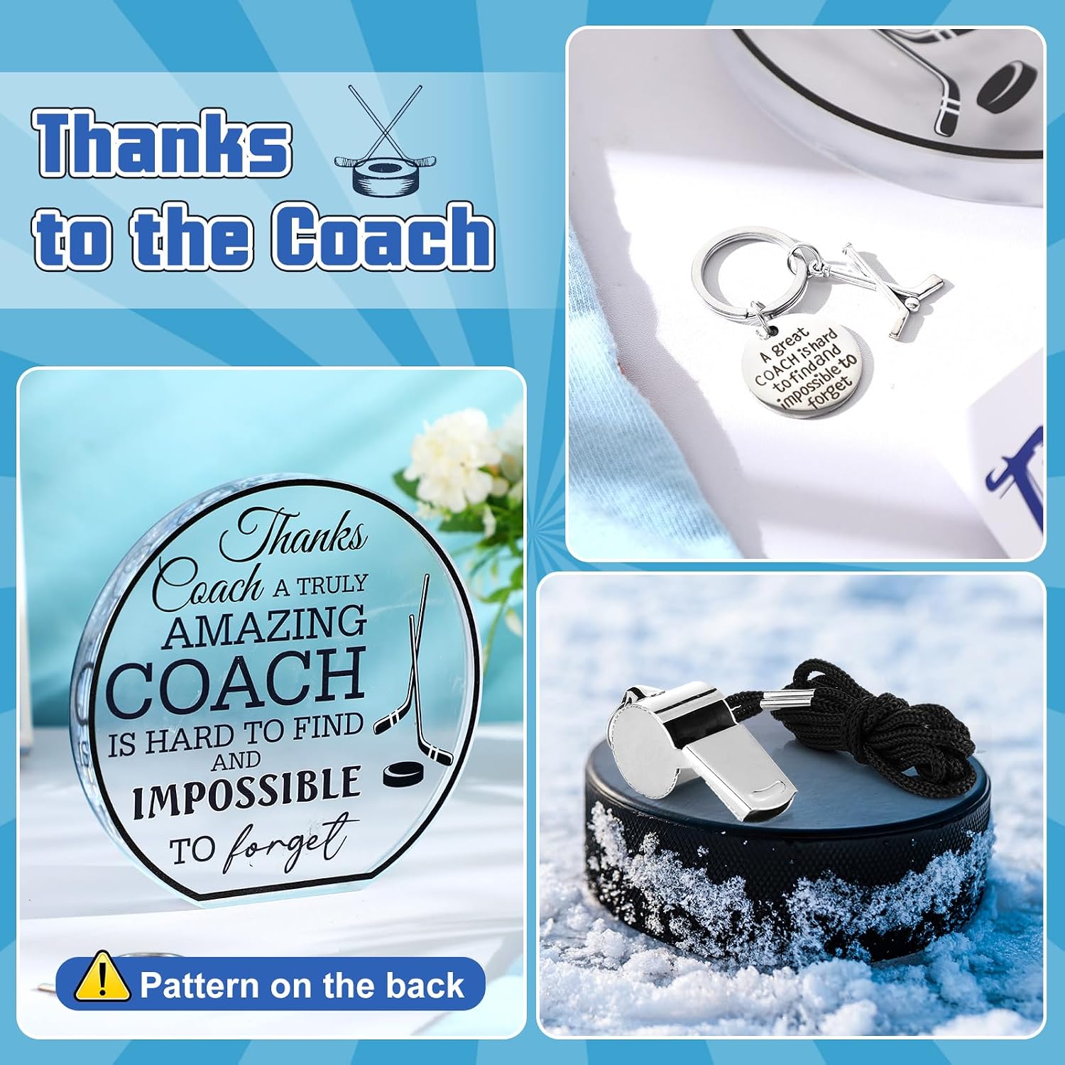 Nitial 6 Pcs Hockey Coach Gift Set for Men, Coach Appreciation Gift | Stainless Steel Tumbler, Metal Whistle and Lanyard, Hockey Acrylic Decorative Sign, Thank Card, Appreciation Socks for Men