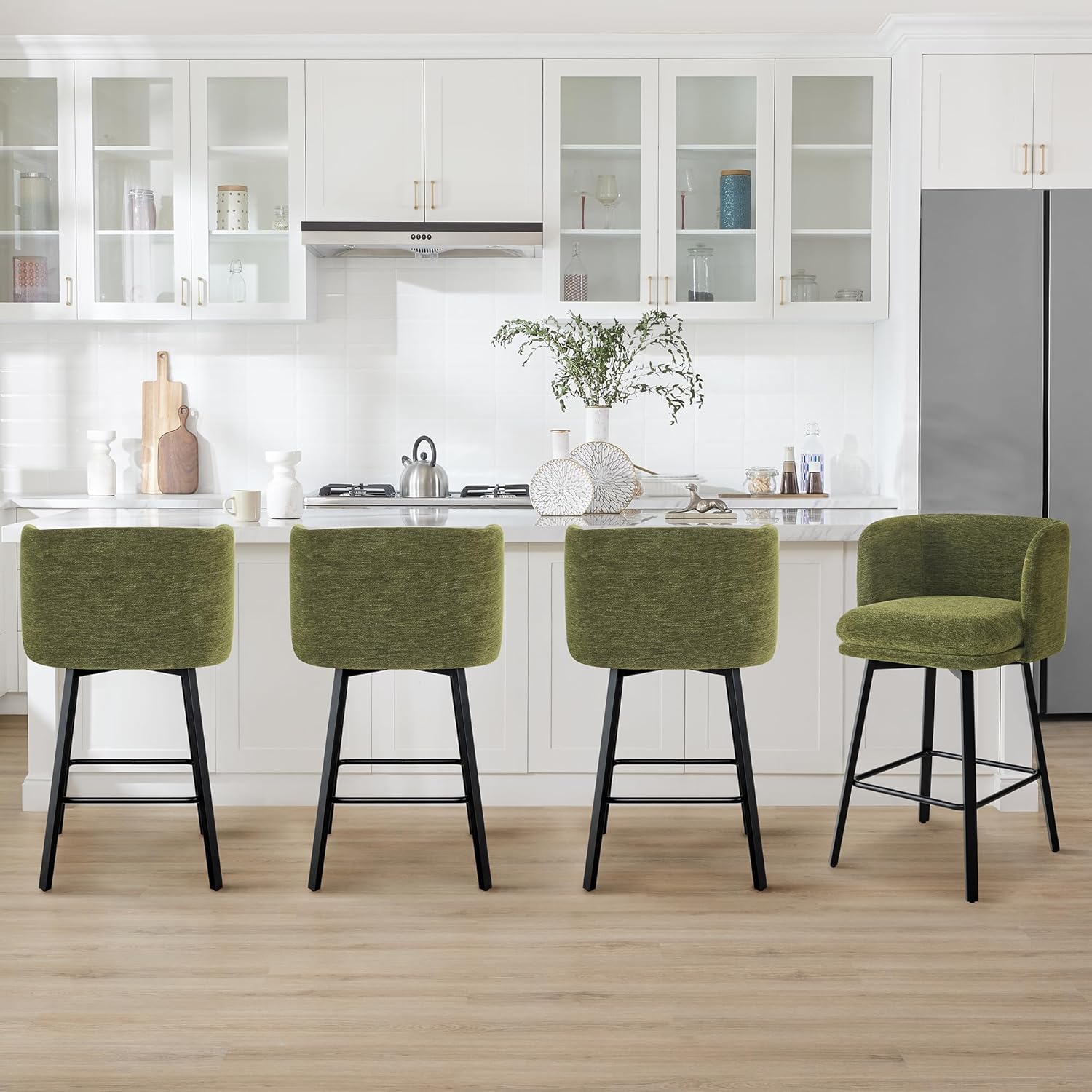 26" H Counter Height Swivel Bar Stools Set of 4, Barrel Counter Stools with Backrest, Linen Fabric Upholstered Barstools with Metal Legs for Kitchen Island,Green