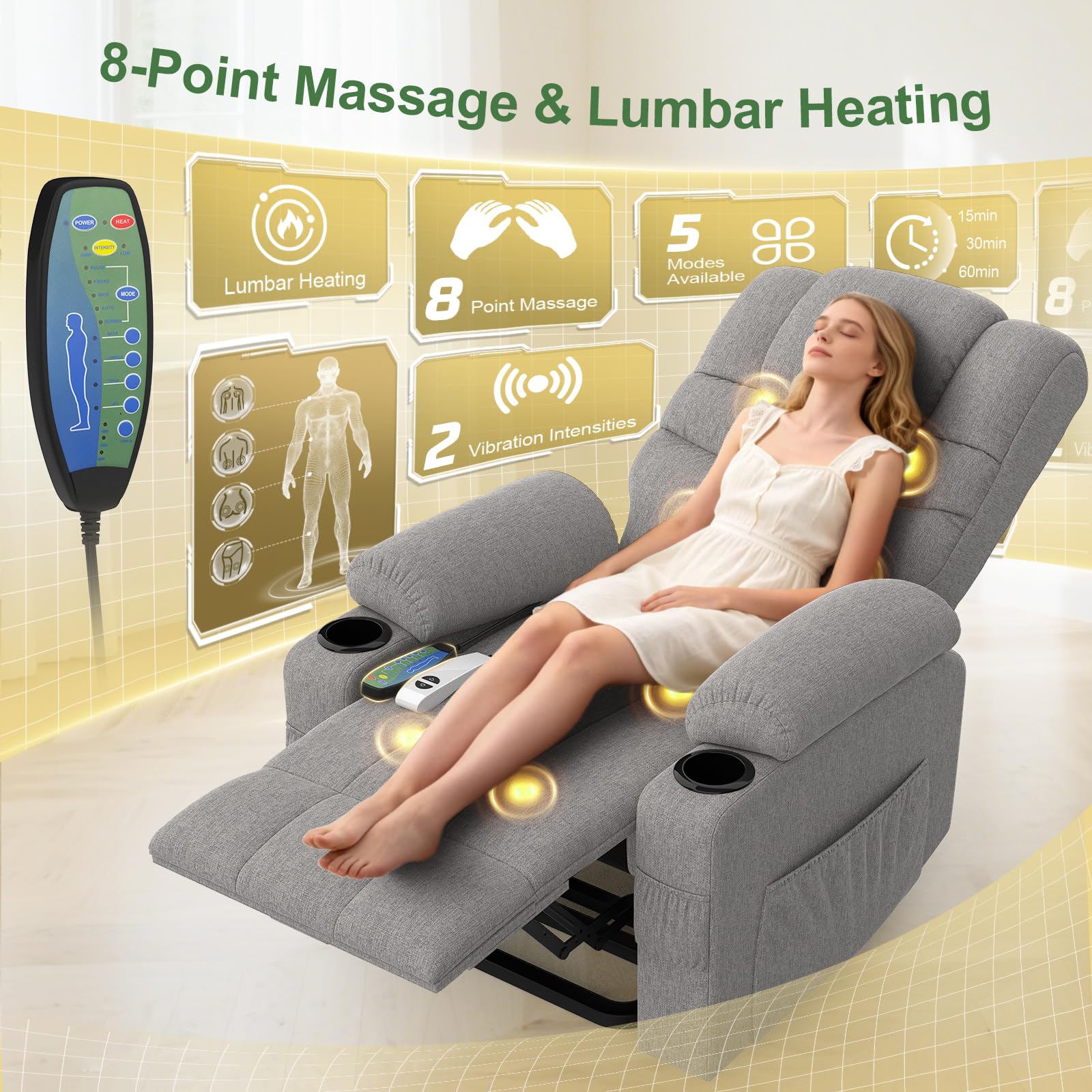 Fernsehsessel Relaxsessel mit 45°Aufstehhilfe, Elektrisch TV-Sessel Wohnzimmer-Sessel mit Massagefunktion & Lendenwirbelheizung, Typ-C + USB-Anschlüsse, 2 Getränkehalter & 4 Seitentaschen