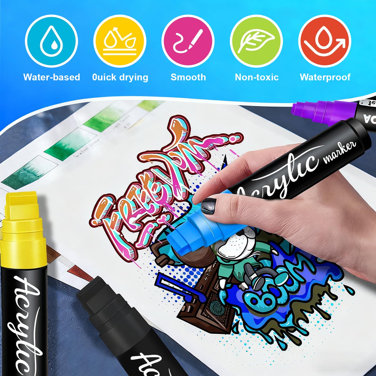 12 Pezzi Pennarelli Acrilici, Colori Acrilici Pennarelli, Pennarelli per Sassi, Brush Pen, Pennarelli Con Punta a Pennello Jumbo 10 mm, per Dipingere Sassi, Tessuti, Fai Da Te