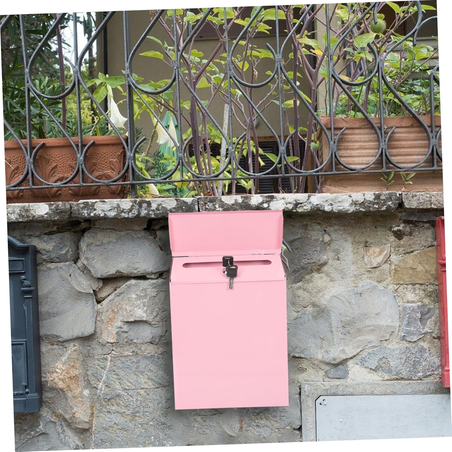 Wall-Mount Iron Mailbox with Lock, Multi-Function Drop Box and Convenient Letter Accessory for Home and Office, Pink Rustic Style Mail Box for Secure Mail and Suggestion Collection