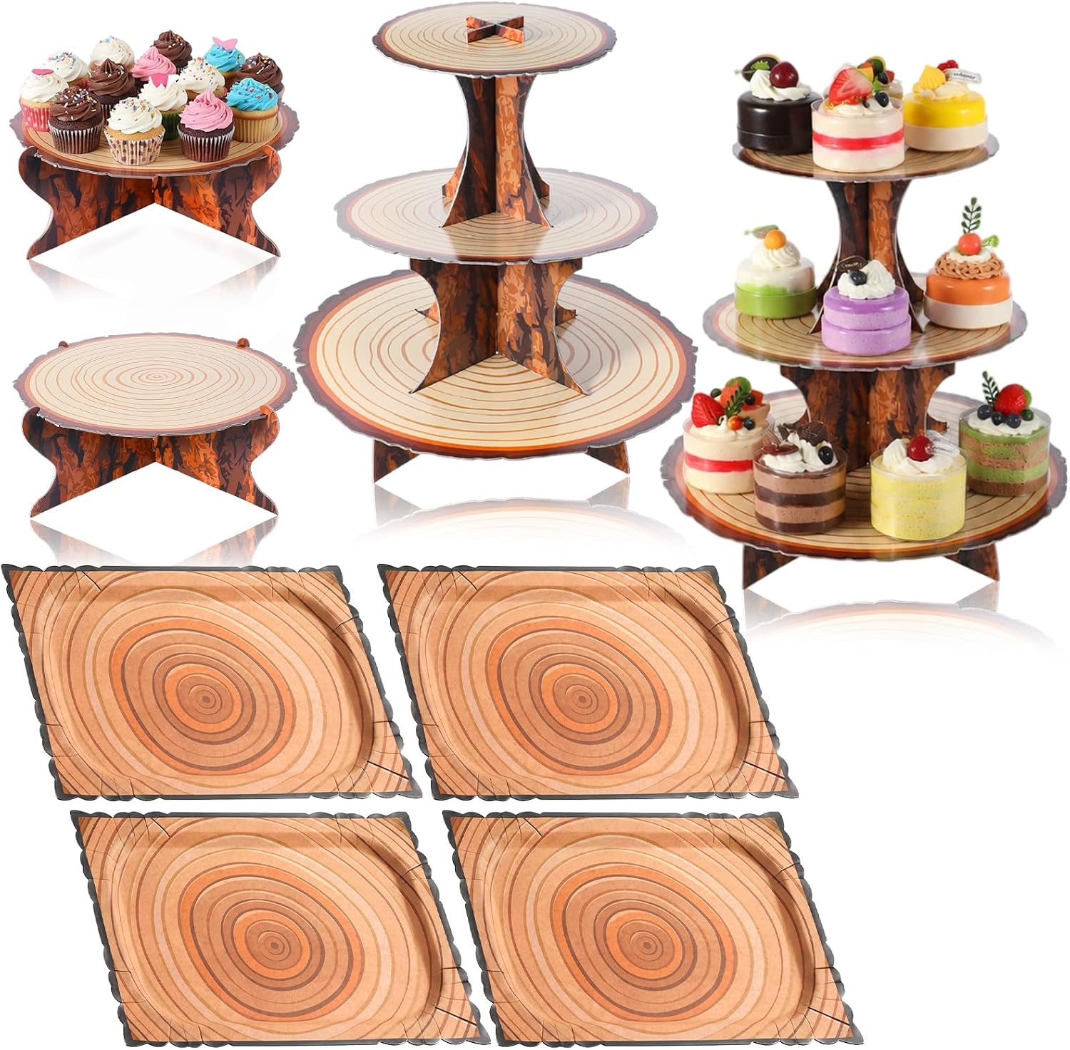 8 Pcs Woodland Cupcake Stand Set - Woodland Theme Cupcake Stand Decorations, Includes 2 Three Tiered & 2 Single Stands & 4 Rustic Serving Trays for Baby Shower Birthday Western Camping Party Supplies