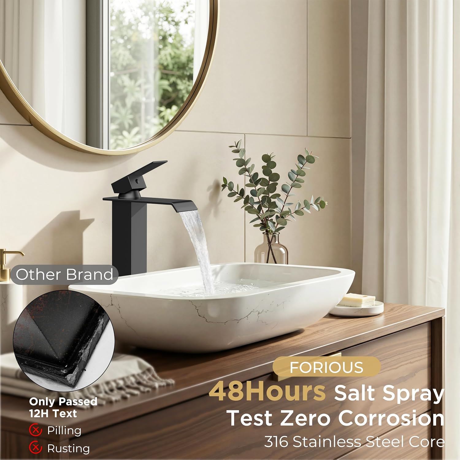 FORIOUS Matte Black Vessel Bathroom Sink Faucets 1 Hole, Tall Waterfall Bathroom Faucet Single Handle with Pop Up Drain and Supply Lines, Deck Mount
